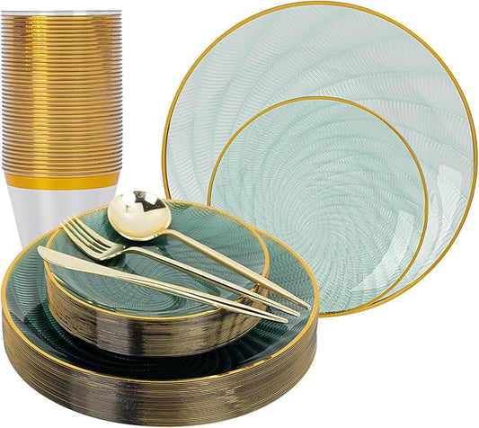 N9R 180 PCS Disposable Dinnerware Set with Gold Rim for 30 Guests,Green Plastic Plates Include 30 Dinner Plate, 30 Dessert Plates, 30 Cups, 90 Heavy Duty Gold Plastic Silverware for Party & Wedding