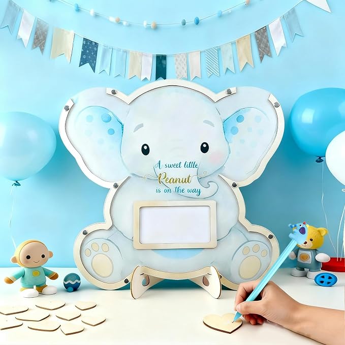 Elephant Baby Shower Decorations,Boy Baby Shower Guest Book Alternatives with Elephant Pen,Photo Frame and 60 Heart Wood Slices for 60 Guests,Gender Reveal Decorations