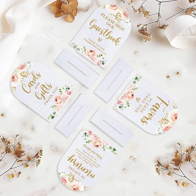 4 Pcs Acrylic Wedding Signs for Reception, Bridal Shower Decorations, Cards and Gifts Signs, Guest Book Sign, Arch Acrylic Table Top Sign with Holder for Wedding Reception (White Pink Flowers)