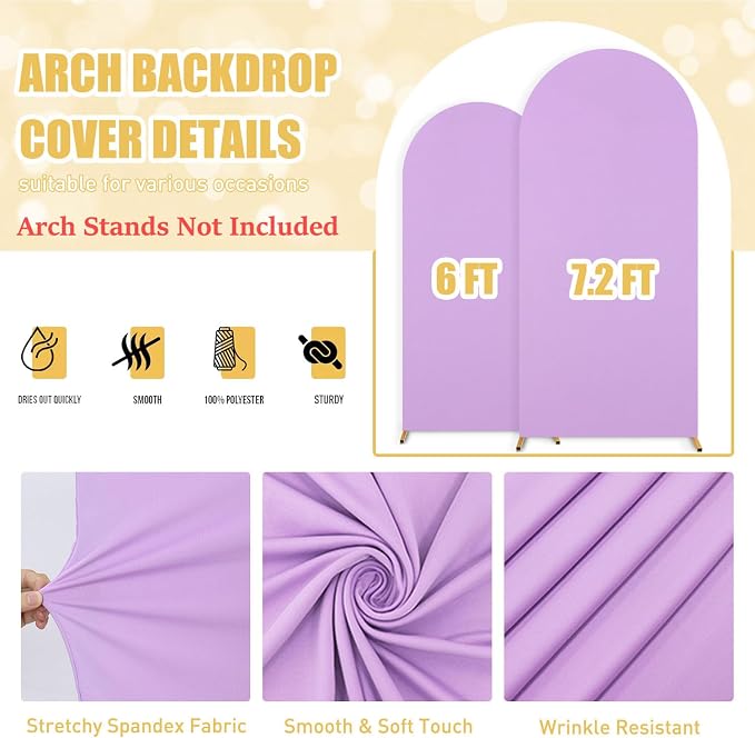 FUHSY Lavender Arch Cover 6FT, 7.2FT Spandex Arch Stand Covers Stretchy Fitted Backdrop Covers Set of 2 Chiara Backdrop Stand Fabric Lilac Arched Frame Cover for Birthday Balloon Decor
