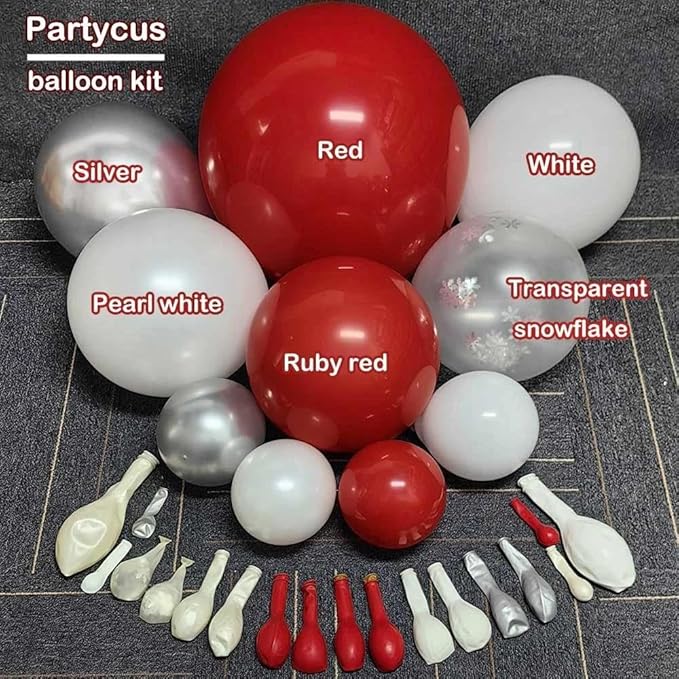 Red White Christmas Balloon Arch Kit, Double Stuffed Ruby Red Pearl White Silver Balloon Garland with Snowflake Latex, Santa Hat Foil Balloons for Winter Xmas Birthday Baby Shower New Year Party Decor