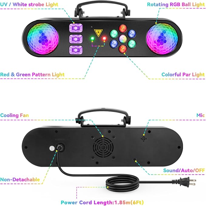 DJ Party Lights with Stand: Complete 5IN1 Light Bar System - Sound Activated Disco Ball UV Blacklight Strobe LED Par & Pattern Lights - Tripod Stand for House Parties Mobile DJs Christmas Lighting