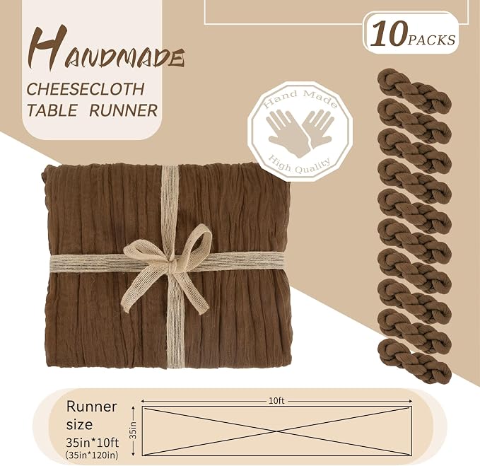10 Packs Cheesecloth Table Runner Brown, 10Ft x 35" Rustic Gauze Boho Wedding Table Runner Decoration, Wedding Table Decor Table Cloth for Wedding Party Bridal Shower Table