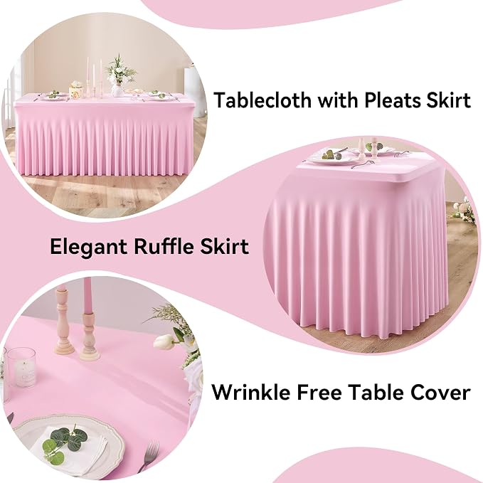 NSSONBEN 2 pk Baby Pink Spandex Tablecloth 6ft with Ruffle Table Skirt, Wrinkle Free Stretchy Fitted Tablecloths for 6 Foot Rectangle Tables, Elastic Spandex Table Covers for Weddings Parties Banquet