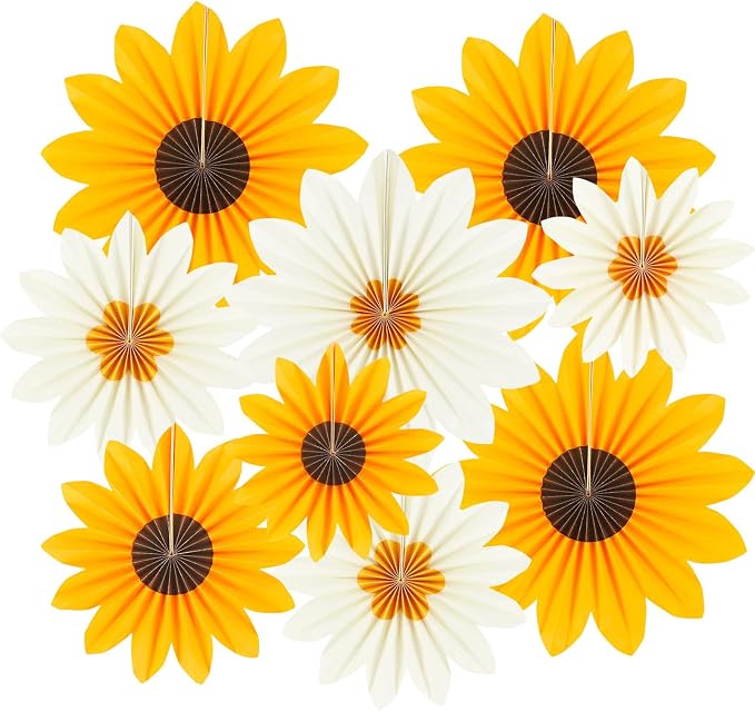 DODOKIM Sunflower Birthday Decorations Paper Flowers Decorations for Wall Floral Backdrop Classroom Baby Shower Paper Fans Flower Wall Decor Pack of 9 Sunflower Yellow Ivory