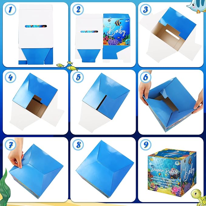 Teling 51 Pieces Diaper Raffle Tickets with Card Box Baby Shower Decorations Baby Shower Holder Box for Girl Boy Diaper Raffle Party(Under the Sea)