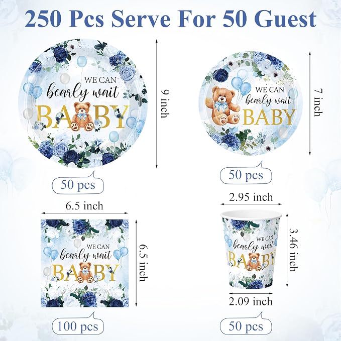Funnymoom 250 Pcs We Can Bearly Wait Baby Shower Party Decorations Blue Paper Plates Napkins and Cups Bear Boy Party Tableware Set for Spring Baby Shower Gender Reveal Supplies, Serves 50