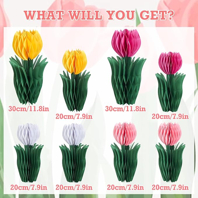 SUNBEAUTY 8 PCS Flower Honeycomb Decor Tulips Table Centerpieces Spring Decoration for Home Office Paper Flower Tulip Honeycomb Decor for Garden Party, Mother's Day Decoration