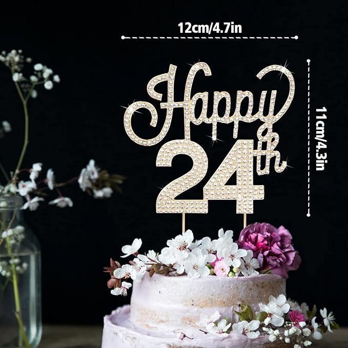 LINGTEER Happy 24th Birthday Gold Rhinestone Cake Topper - Cheers to 24th Birthday 24 Years Old Party Cake Centerpieces Topper Decorations Gift Sign.
