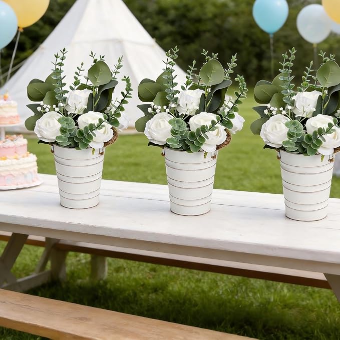 6 PCS Large Wedding Flower Table Centerpieces - 10 Inches Artificial Floral Arrangement with Rustic Tall Metal Vase for Wedding Birthday Party Bridal Baby Shower Event Decorations - White