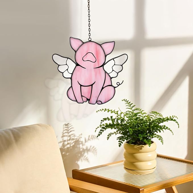 Flying Pig Suncatcher, Stained Glass Window Hanging Decor, Handmade Gift for Pig Lovers Women Mom - Funny Animal Party & Nursery Decoration