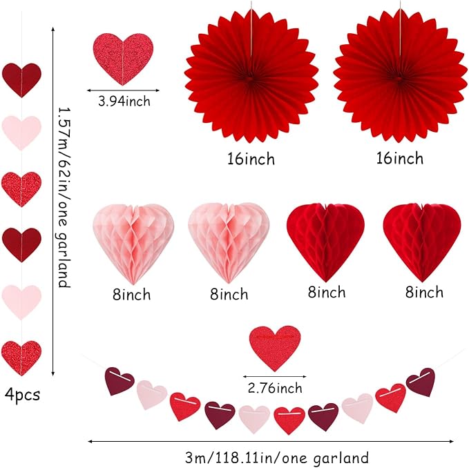 Galentines Party-Decoration Valentines Heart Garland - 25pcs Red Rose-Gold Paper Streamers Honeycomb Fans XOXO BEMINE Banner, Anniversary Baby Shower Wedding Love Hanging Supplies Decor Hugfond