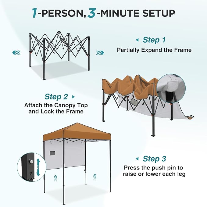 EAGLE PEAK 6x4 Instant Pop Up Canopy Tent with 1 Half Wall Panel, Straight Leg Sun Shelter, Portable Canopy with Carry Bag for Camping, Beach & Sports, Khaki