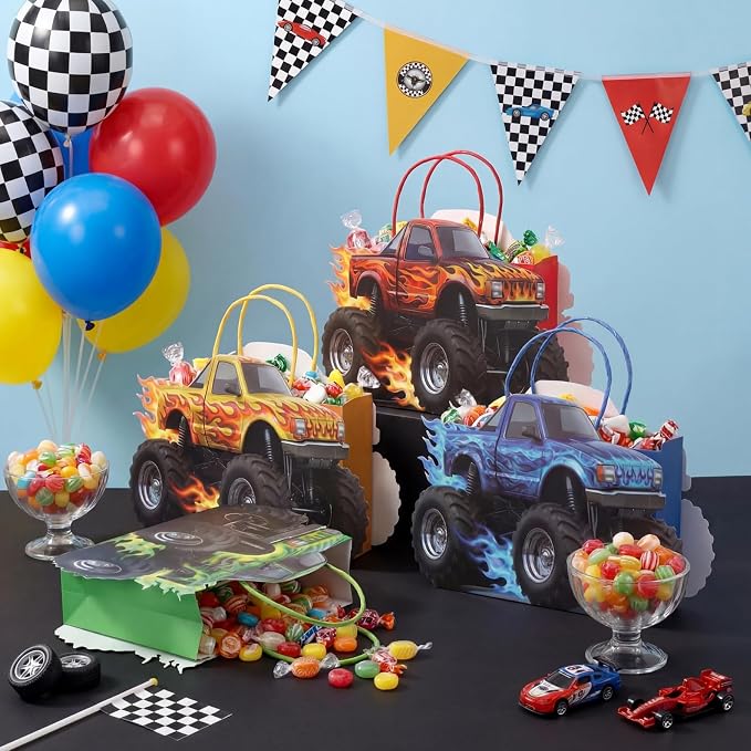 Tosstuki 12 Pcs Monster Truck Party Favor Bags 3D Paper Goodie Treat Bags with Handles 4 Vibrant Designs Kraft Paper Candy Decorations for Monster Truck Themed Party Decorations & Supplies