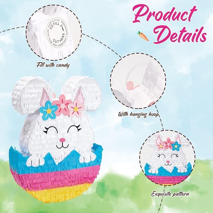 WERNNSAI Easter Bunny Piñata - Easter Rabbit Piñata Spring Pinata with Blindfold and Stick for Birthday Party Decoration Baby Shower School Activities Game Spring Party Game