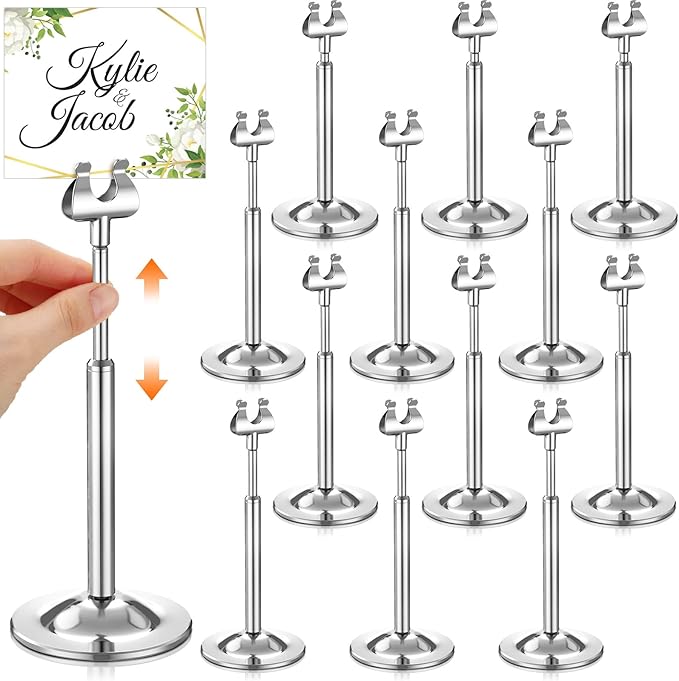 Kathfly Silver 12 Set Table Number Holders Adjustable Metal Place Card Holders Harp-clip Tabletop Sign Stands Detachable Card Holder for Weddings Birthday Restaurants Table Decor (4.9-7.3 Inch)