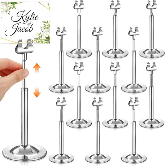 Kathfly Silver 12 Set Table Number Holders Adjustable Metal Place Card Holders Harp-clip Tabletop Sign Stands Detachable Card Holder for Weddings Birthday Restaurants Table Decor (4.9-7.3 Inch)