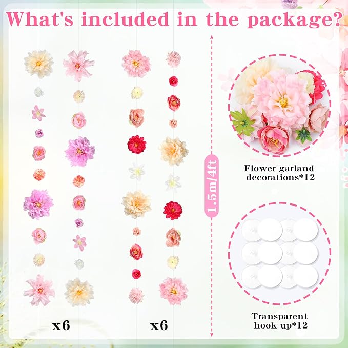 K KUMEED 12 PCS Artificial Flowers Hanging Decorations,11.5FT Spring Flower Garland with Hooks Hanging Flowers for Decoration for Wedding Party Background Birthday Baby Shower Home