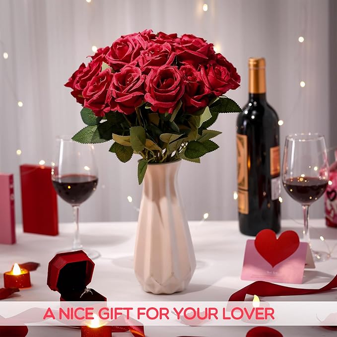 Hotop 120 Pcs Roses Artificial Flowers in Bulk,Long Stem Artificial Flower Bouquet,Silk Real Lifelike Fake Rose for Wedding Party Table Centerpieces Decor Valentines Gifts(Wine Red)