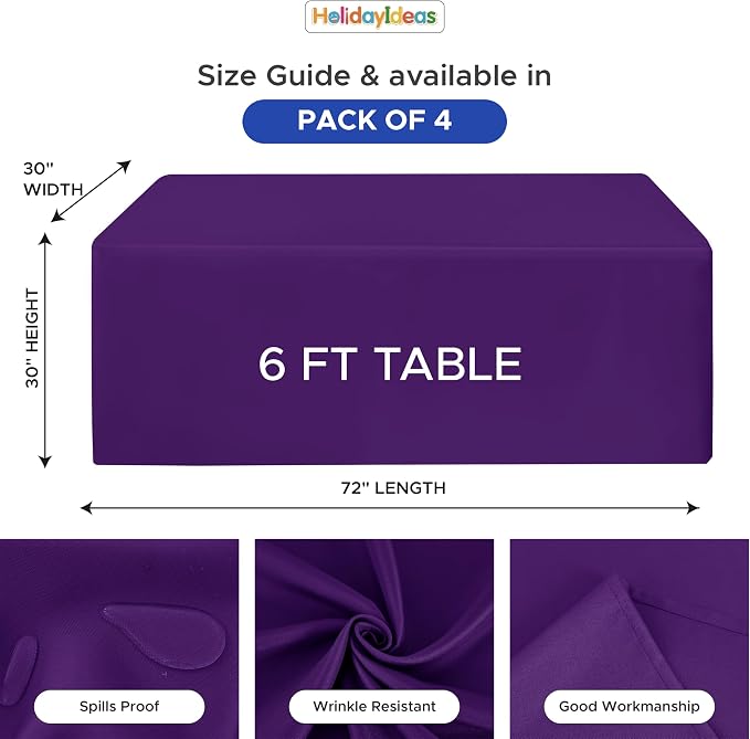 HolidayIdeas 4-Pack 6ft Purple Rectangle Craft Shows Fitted Tablecloth | Wrinkle resistant table covers; bulk quantity pack for professional trade exhibition displays or vendor booths