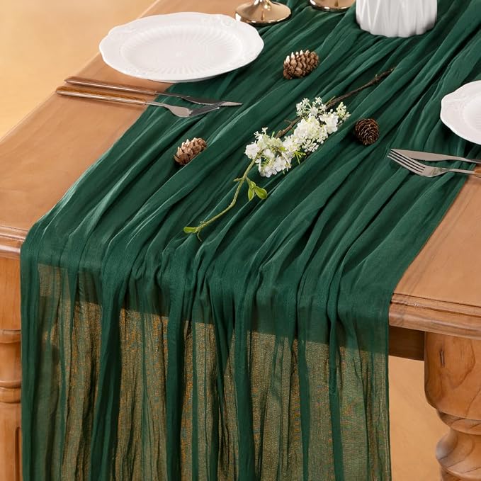 LINXTAR Emerald Green Cheesecloth Table Runner 120 Inches 10Ft Gauze Summer Boho Table Runner for Wedding Tea Party Baby Shower Bridal Birthday Home Decoration