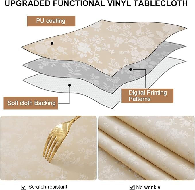 Smiry Rectangle Table Cloth, Waterproof Heavy Duty Vinyl Tablecloths, Wipeable Washable Table Cover for Kitchen and Dining Room (Beige, 60" X 144")