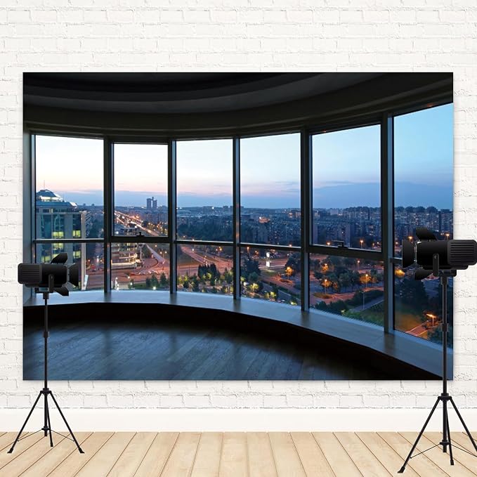 7x5ft Office Backdrop Window City View Photography Background Sunset Business Buildings Wooden Floor Online Meeting Urban Banner Decorations Video Conference Portrait Photo Booth Prop