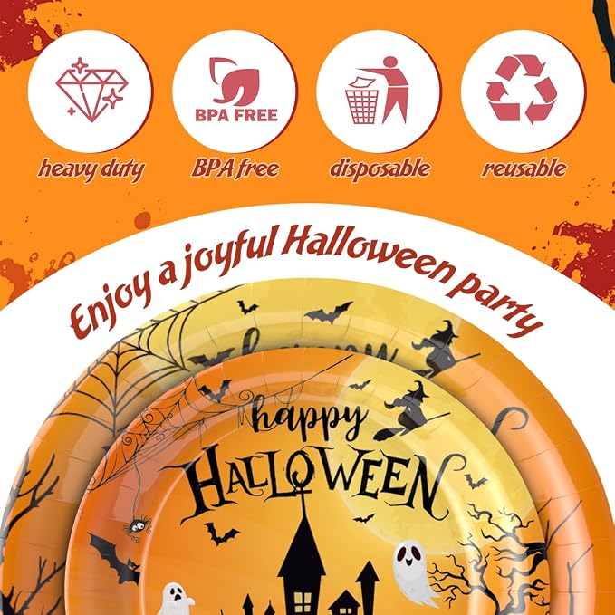 212Pcs Halloween Party Supplies Tableware Set for 24 Guests Disposable Pumpkin Ghost Themed Dinnerware Includes Paper Plates Napkins Cups Forks Knives Spoons Halloween Balloons, Banner & Tablecloth