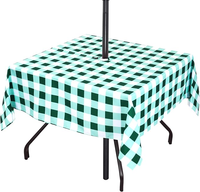 Poise3EHome Square Outdoor Tablecloth with Umbrella Hole and Zipper,Green Gingham 60x60 Inch,Polyester SpillProof Washable Table Cloth for Spring Summer Patio Garden Poolside Picnic Camping BBQS