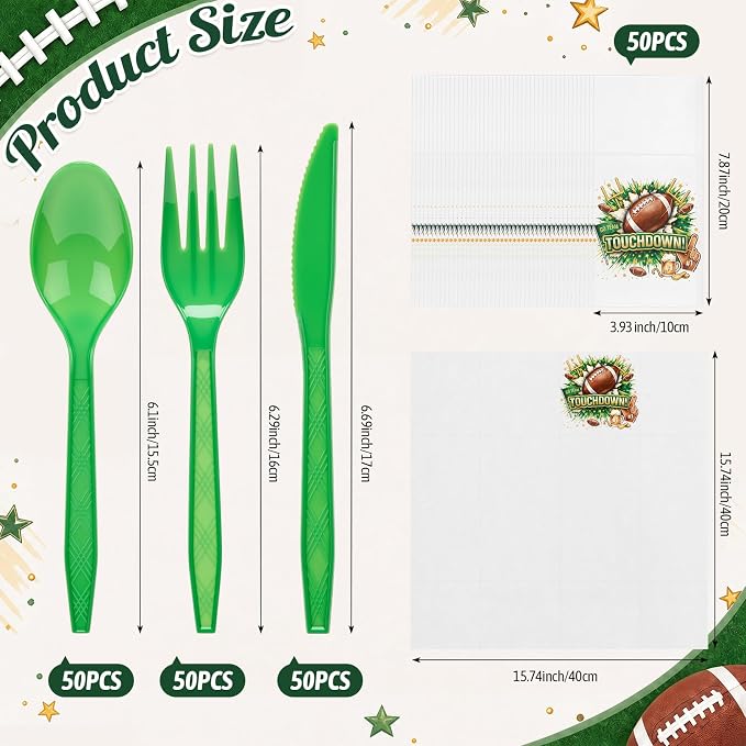LemonRoad 50 Sets Football Party Plastic Silverware Pre-folded Cutlery Serves 50 Includes Forks Knives Spoons Paper Napkin Disposable Football Tableware for Tailgate Party Sports Gathering Game Day