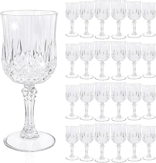 24 Pcs Clear Plastic Wine Glasses, Plastic Goblets for Parties, Vintage Wine Glasses Bulk, Reusable Drinking Glass, Drinkware Cups for Wedding Party Reception Event Supplies