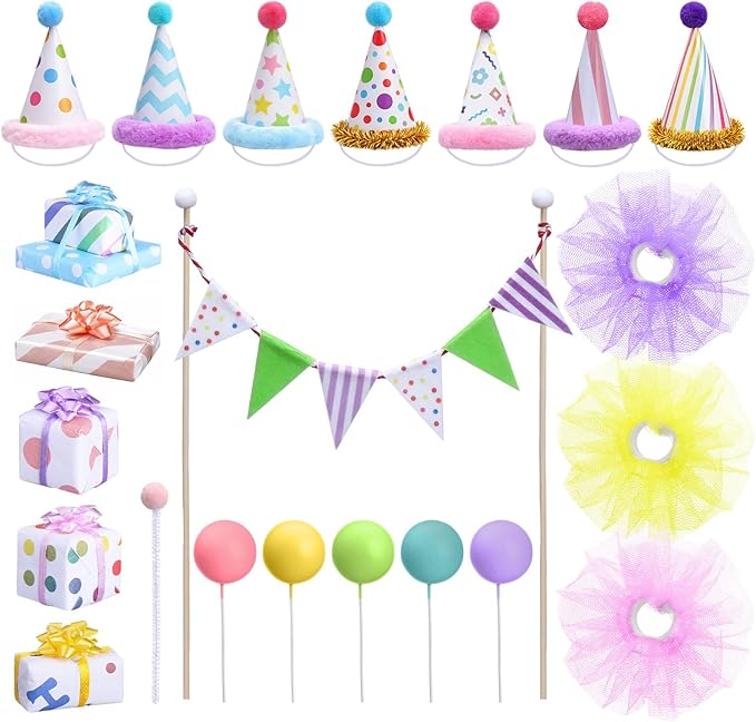 Weysat 22 Pcs Animal Birthday Party Decorations Animal Cake Cupcake Toppers with Mini Hat Gift Box Cake Flag Skirt Lollipop for Jungle Safari Dollhouse Themed Birthday Party Favor Supplies, No Animals