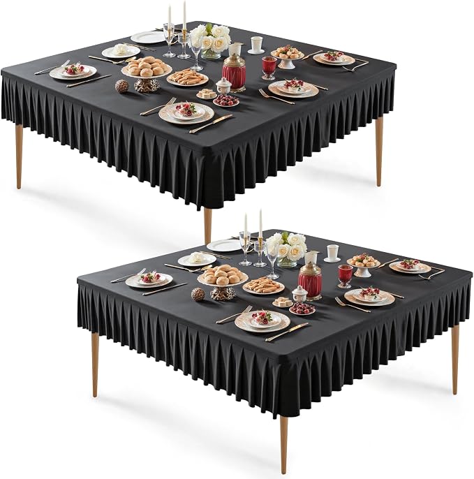 Wish Care 2 Pack Black Spandex Tablecloths for 60x60 Inch Square Tables, Stretch Fitted Table Clothes with Pleated Ruffle Skirt for 60” Table, Wrinkle Free and Elastic, for Party Kitchen Home Dining