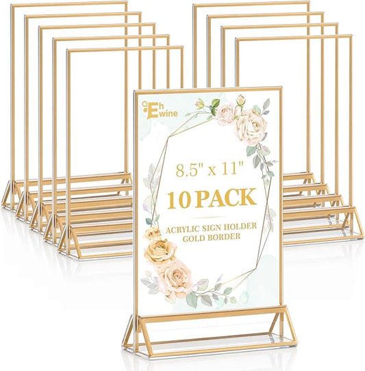 EHWINE 10 Pack 8.5×11 Clear Acrylic Sign Holder with Gold Borders and Vertical Stand, Double Sided Table Menu Holders Picture Frames for Wedding Table Numbers, Restaurant Signs, Photos and Art Display
