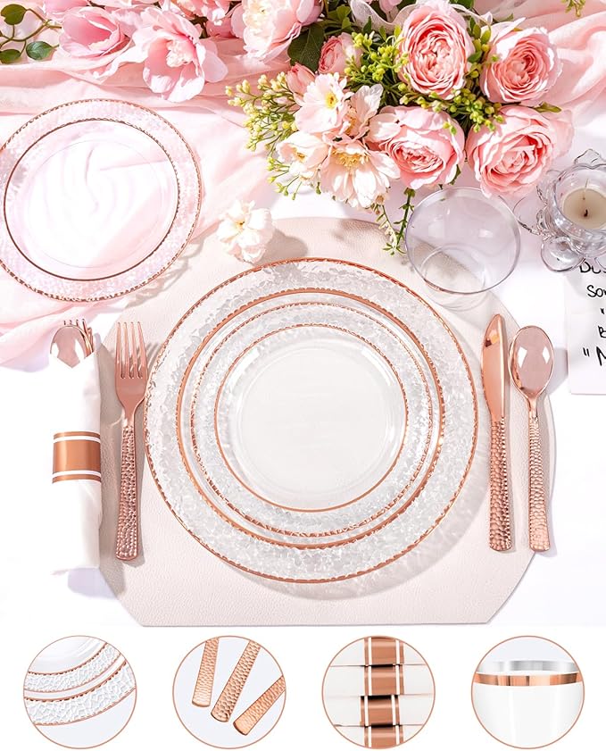 Ciaell 350PCS Rose Gold Plastic Plates - Clear Rose Gold Disposable Plates with Plastic Silverware include 100Plates, 150Silverware, 50Cups, 50Napkins for Wedding & Party & Mother's Day