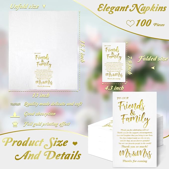 Hotop Wedding Napkins Mr & Mrs Dinner for Reception Disposable Decorative Towels Shower Banquet Rehearsal Decorations (Gold, 200 Pcs), 12.99x15.75 inches,4.33x7.87 inches