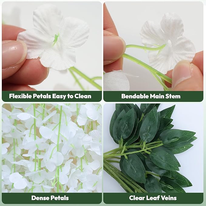 12 Pack Wisteria Hanging Flowers, Fake Hanging Flowers, 3.61 Ft Artificial Flower Vines Strings, Silk Wisteria Flowers for Home Wedding Arch Backdrop Outdoor Party Garden Yard Decor (White)