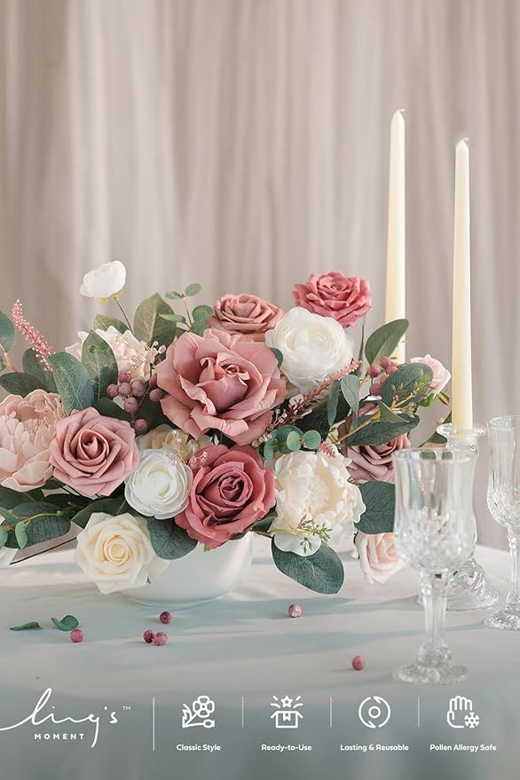 Ling's moment Fake Flowers Box, Faux Artificial Greenery Stems Foam Roses Berry Silk Peonies Eucalyptus Fabic Flower for Centerpieces Bouquet Wedding Floral Vase, Cinnamon Rose & Ivory, Grand Combo