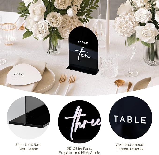 Black Arched Wedding Table Numbers 1-20 with Stands, 5x7 Inch Acrylic Arch Sign with Raised White Numbers, 3D Arched Acrylic Table Numbers for Wedding Reception