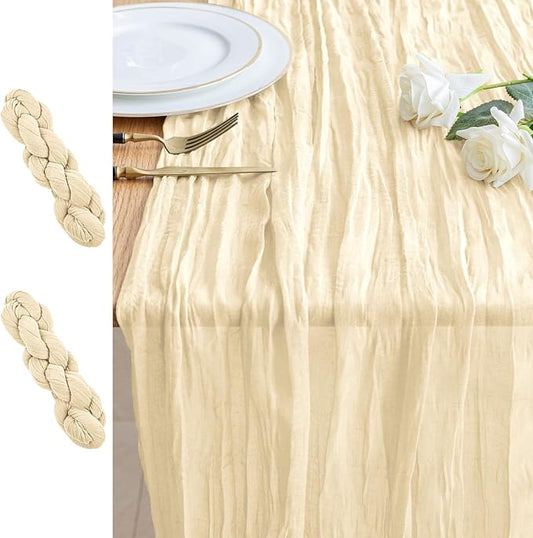 2PCS Table Runner Cheesecloth 10FT Beige Boho Gauze Cheese Cloth Rustic Sheer Table Runners for Wedding Bridal Baby Shower Party Decoration