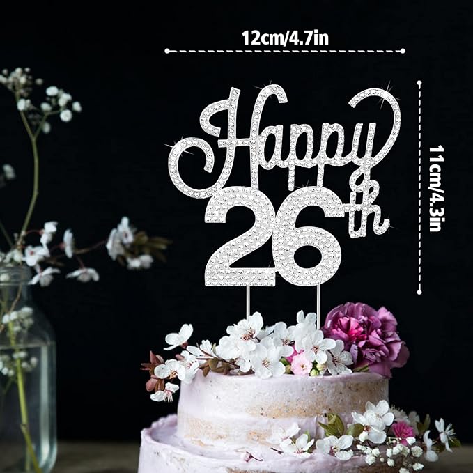 LINGTEER Happy 26th Birthday Silver Rhinestone Cake Topper - Cheers to 26th Birthday 26 Years Old Anniversary Party Cake Centerpieces Topper Decorations Gift Sign.