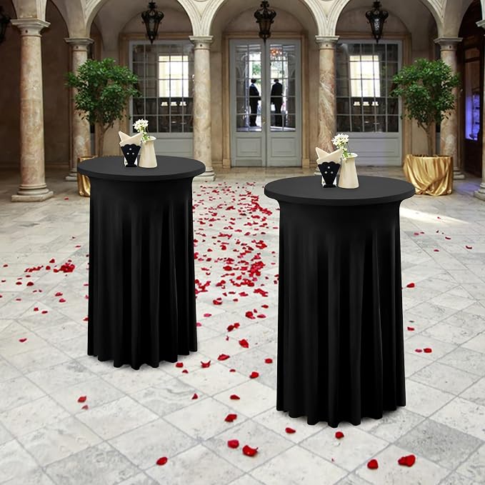 4 Pack Black Round High Top Cocktail Table Cloth 36×43 Inch, Wrinkle Free Stretch Spandex Cocktail Tablecloths Table Covers with Wavy Skirt for Cocktail Party Banquet Birthday Bar