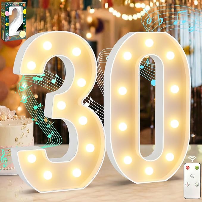 12.6 Inch LED Marquee Light Up Numbers 30 with Happy Birthday Music, Remote 30th Birthday Number Lights as Gifts for Women Men, Lighted Marquee Numbers for Table Party Decorations