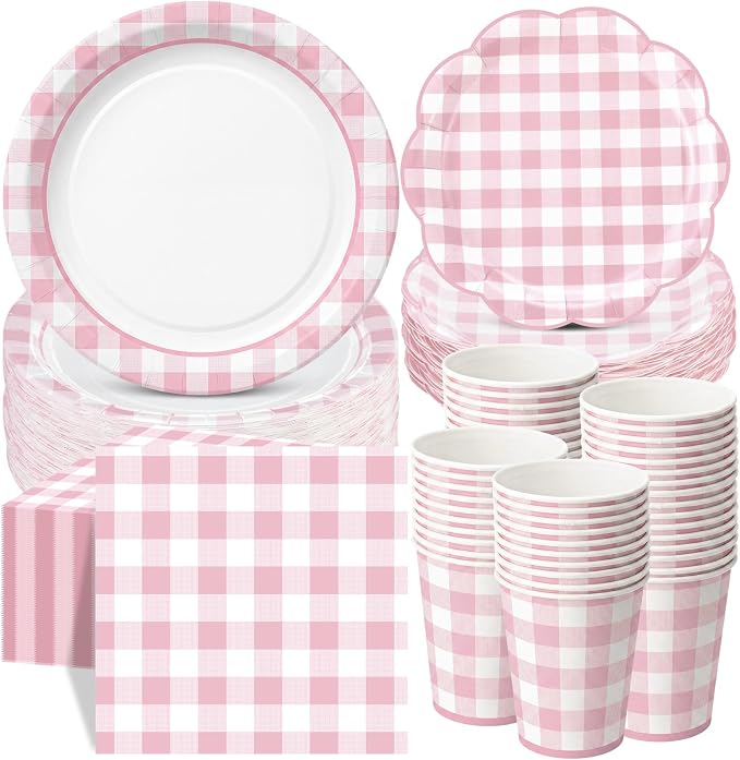 Funnymoom 250 Pcs Pink Gingham Paper Plates and Napkins Party Supplies Pink White Checkered Disposable Plaid Tableware Set Scalloped Dessert Plates for Wedding Bridal Shower Picnic Party Decorations