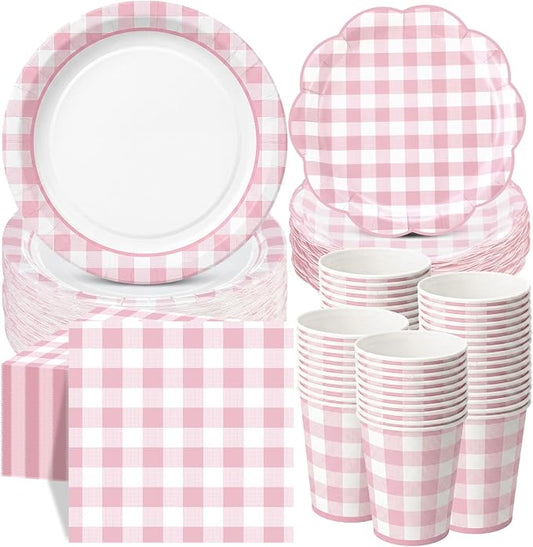 Funnymoom 250 Pcs Pink Gingham Paper Plates and Napkins Party Supplies Pink White Checkered Disposable Plaid Tableware Set Scalloped Dessert Plates for Wedding Bridal Shower Picnic Party Decorations