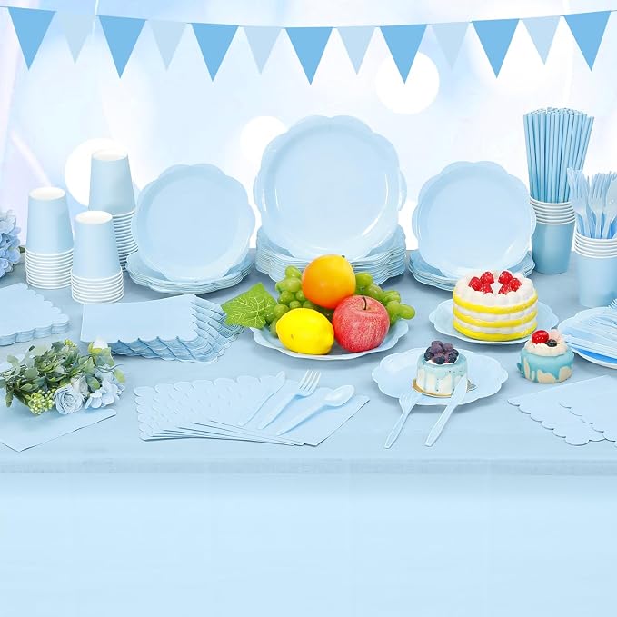 Funnymoom 452 Pcs Light Blue Party Supplies for 50 Guests, Baby Blue Scalloped Paper Plates Napkins Cups Plastic Tablecloth Cutlery Straws for Baby Bridal Shower, Birthday Wedding Party Decoration