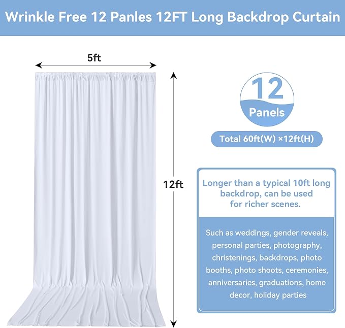 60FTx12FT White Wrinkle-Free Wedding Backdrop Curtain -Silky Washable White Polyester Drapes for Baby Showers, Birthday Parties, Photography, and Wedding Receptions-12 Panels 5FTx12FT