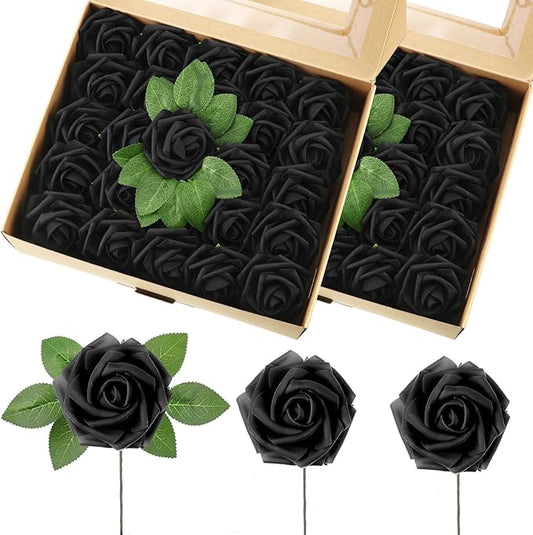 50 Pcs Artificial Foam Rose Flower Faux Bouquet Wedding Fake Rose Gift for Mother's Day Women DIY Bridal Shower Party Table Birthday Home Spring Decor (Black)