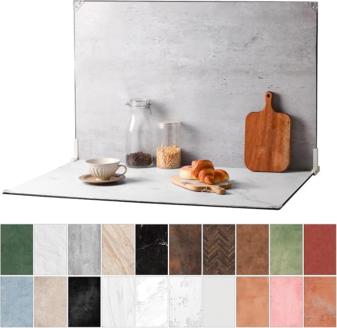Food Photography Backdrops, 23x35inch 10Pcs Double-Sided Product Background Paper (20 Patterns), Photo Backdrop Board with T-Stand & Clamps for Jewelry, Cosmetics