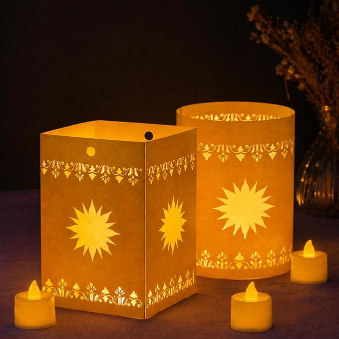 20 Set Paper Lanterns with LED Candles for Table Centerpieces, Sun Shaped Thickened Paper Cutout Lantern for Princess Girls Birthday Party Wedding Festival Decorations (Yellow)